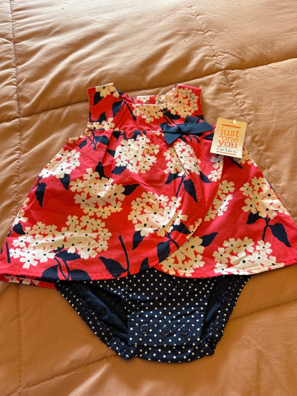 🧡 Carter's Red Floral Top with Navy Polka Dot Bloomers Sz 6M NEW